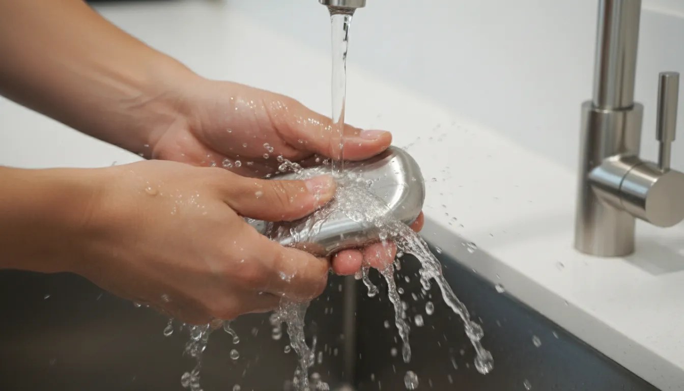 Mãos esfregando uma colher de inox sob água corrente para remover o odor. Adeus cheiro de alho e cebola: o truque do inox.