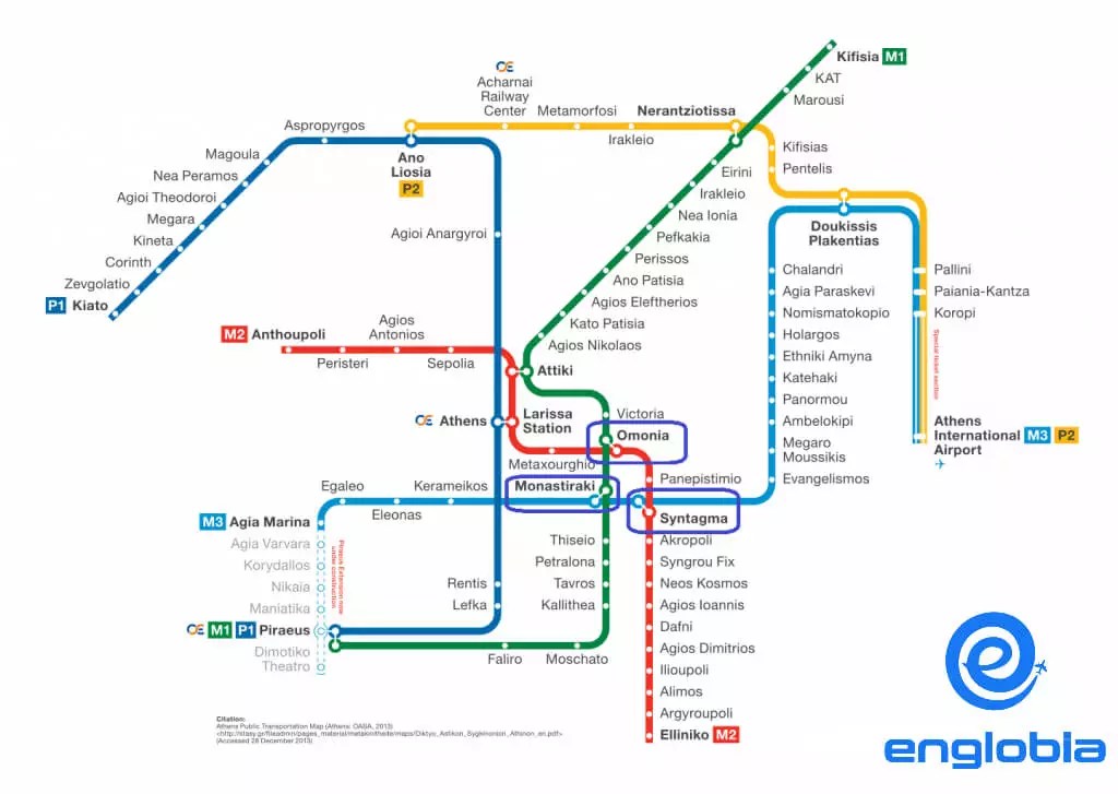 Map of the Athens Metro system showing various lines and stations.