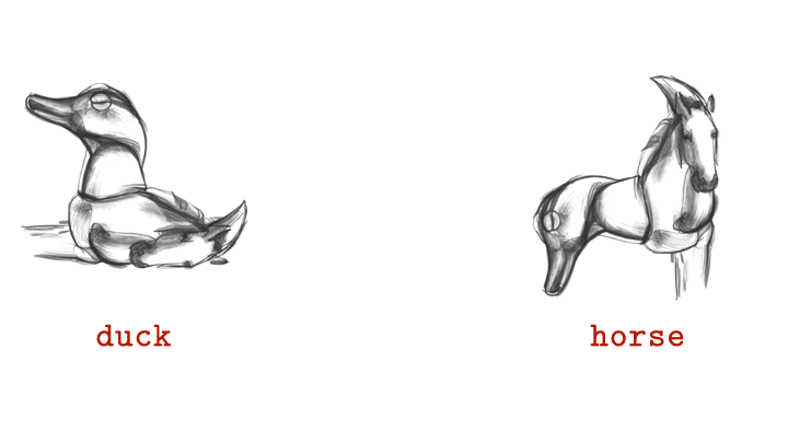Un anagrama visual en blanco y negro de un pato y un caballo en formato GIF.