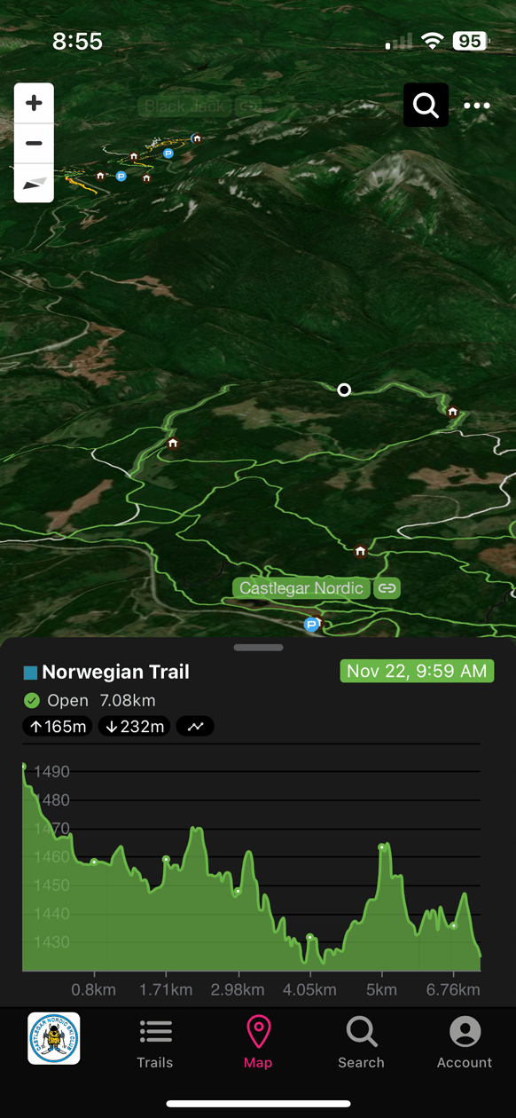 Nordic Pulse App Based Cross Country Ski Grooming Report System NP Screenshots Nps Map BC Castlegar Sat 