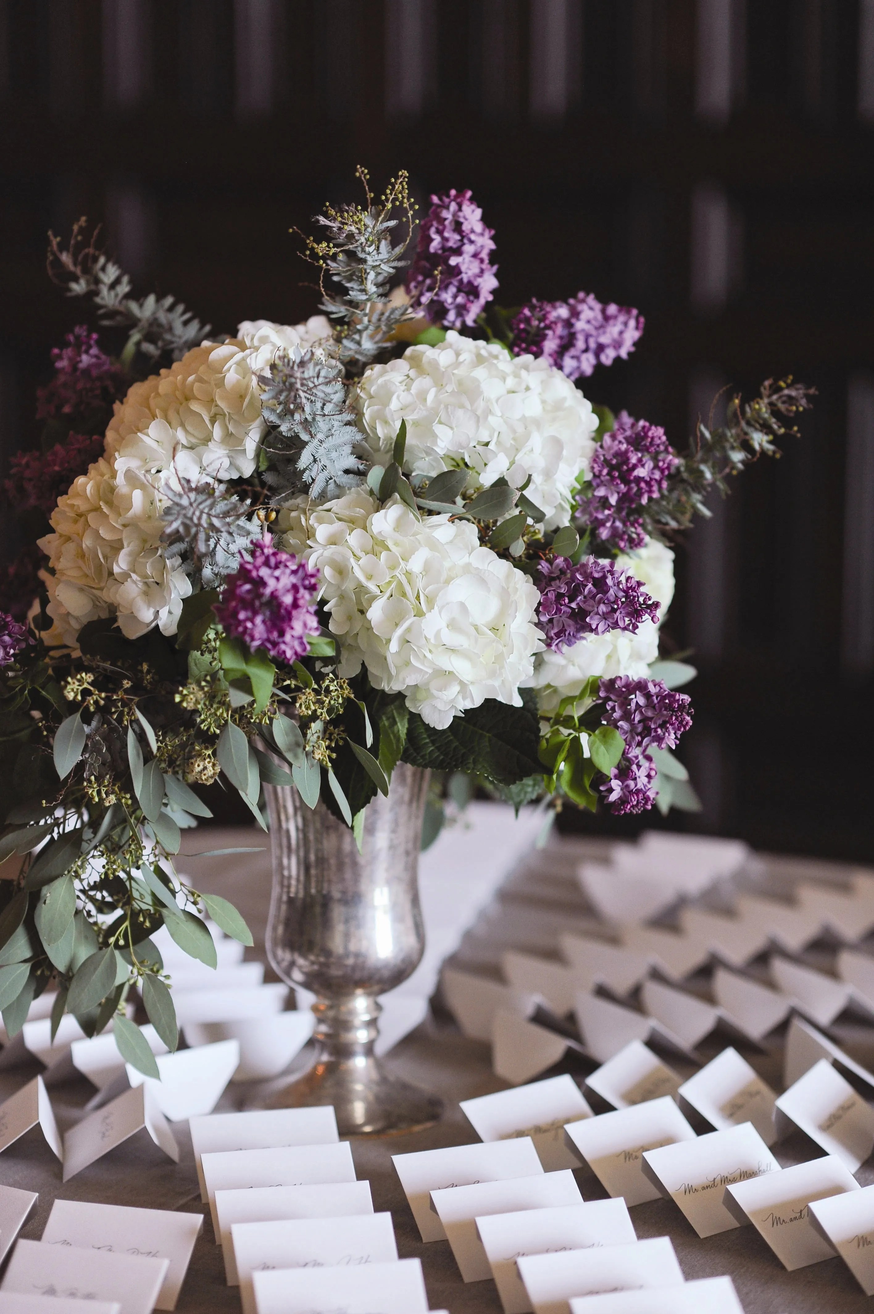 Pink wedding dresses leave me breathless. Hydrangea and Lilac Floral Arrangements