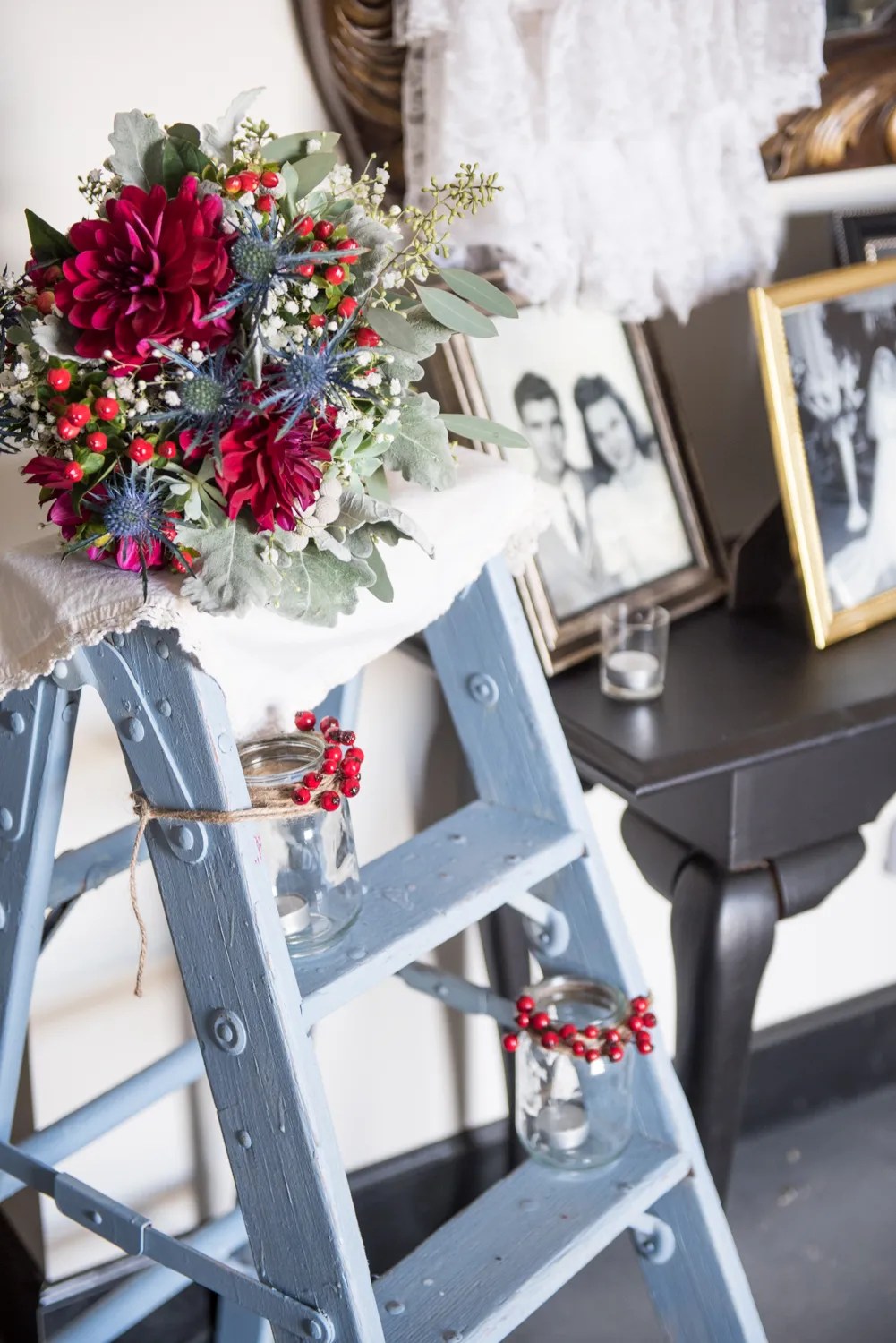The work centers around ensuring two people. Cranberry and Dusty Blue Bouquet in Oskaloosa, Kansas