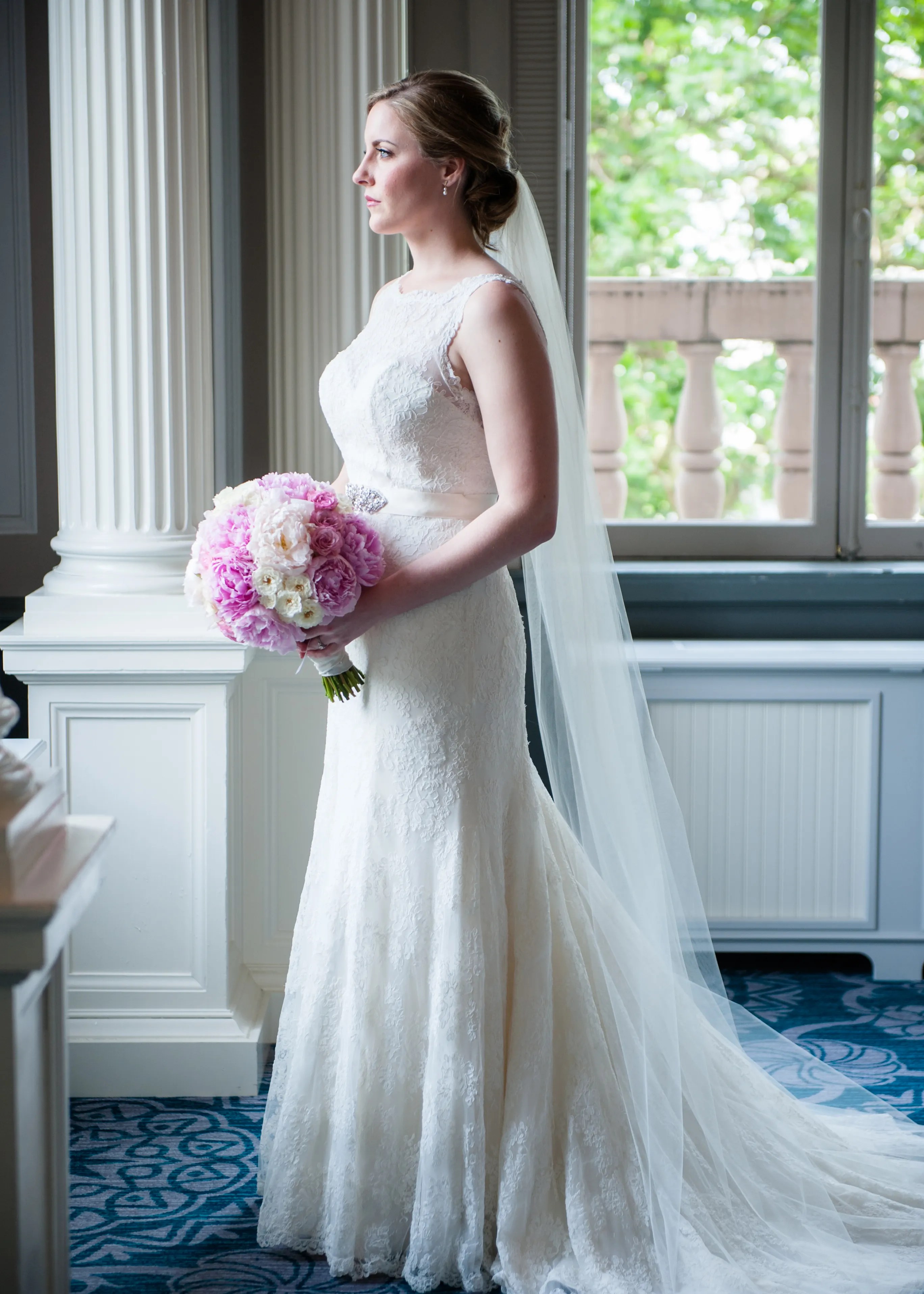 Arrive for rehearsal scheduled the week of wedding. Elegant Lace Wedding Dress with Cathedral Veil