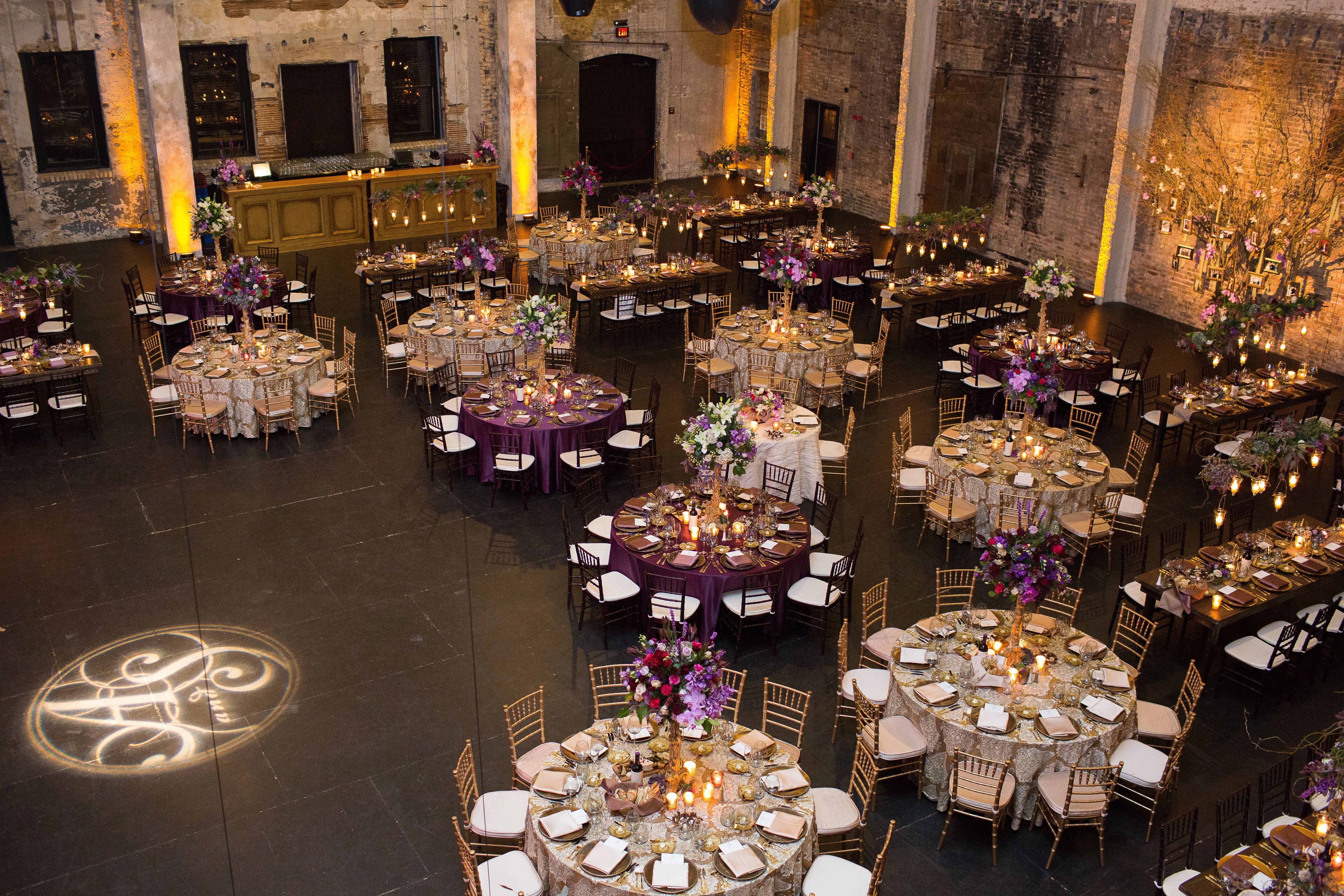 Popular brooklyn, n.y., wedding venue rebar abruptly c. Purple and Gold Reception Decor