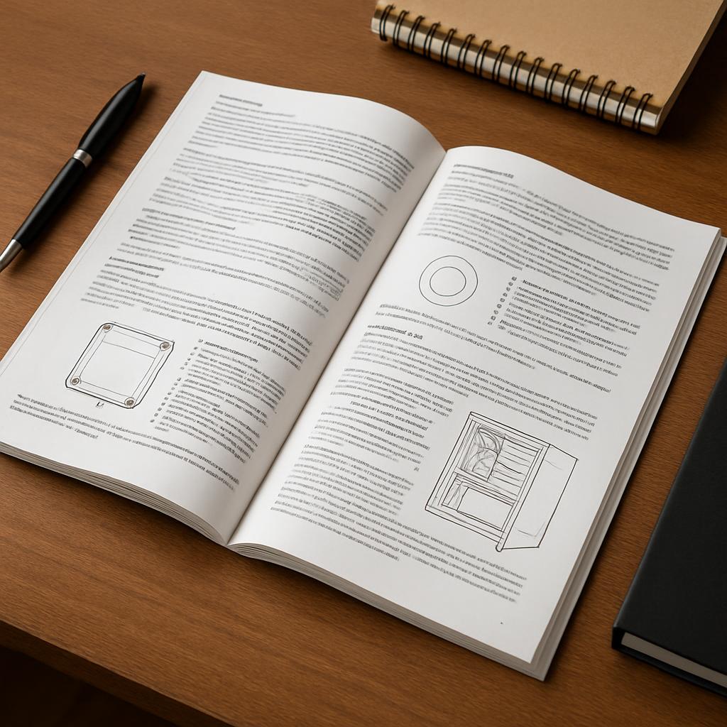 A wide-open book on a wooden desk in front of spiral-bound notebooks with a pen next to it. There are two drawings of furn...