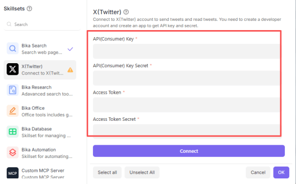 Paste the Twitter API into the designated field