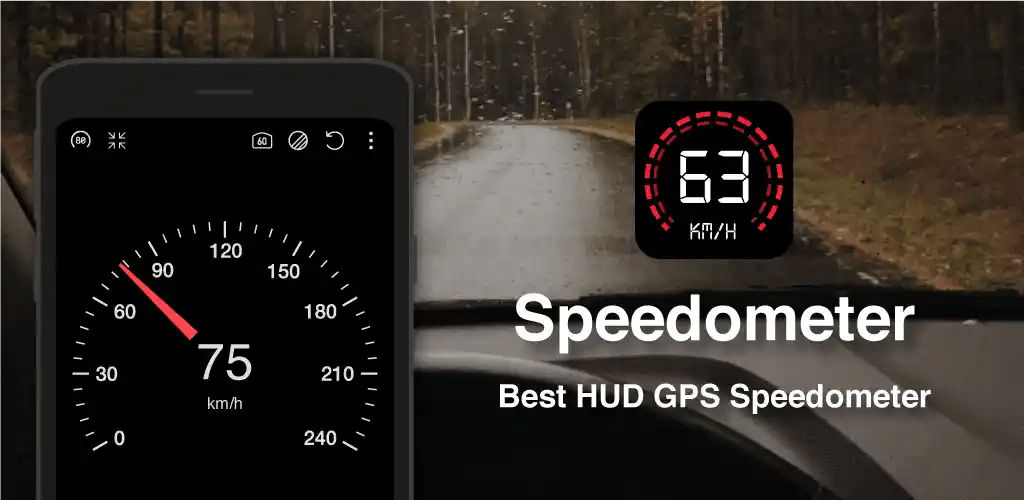 GPS Speedometer HUD Odometer App showing speed and travel data on a smartphone screen.