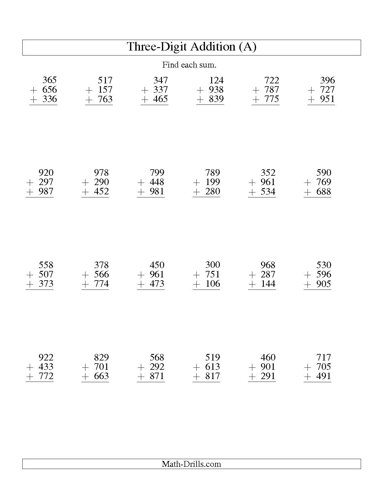 4 free math worksheets third grade 3 addition add 3 4 digit numbers in