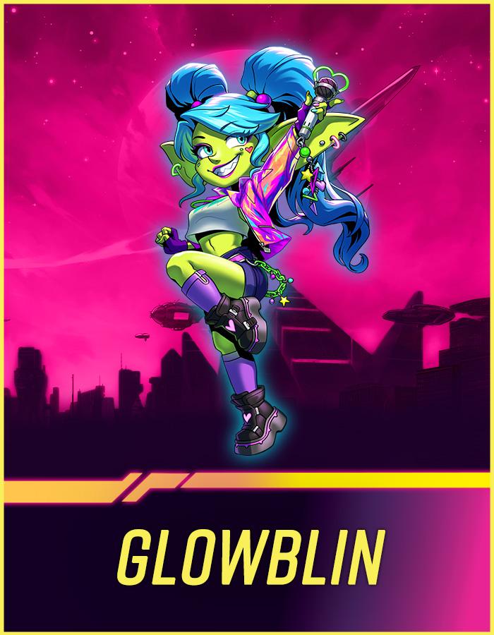 An illustration of a Glowblin, a space-faring goblin species. The character holds a microphone and raises her hand above her head with a smile.
