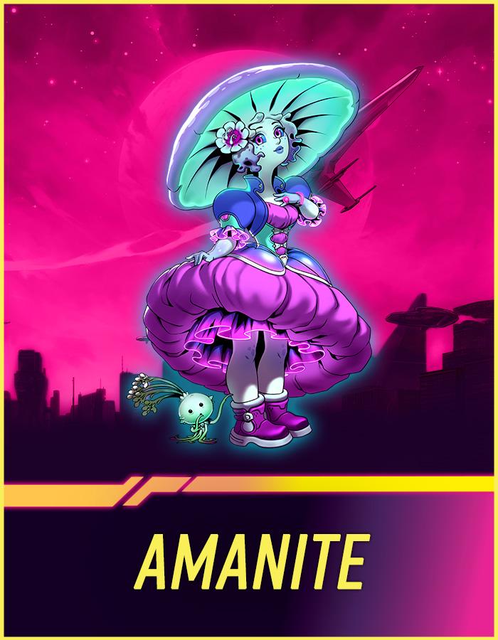 An illustration of an Amanite, a space-faring mushroomfolk species. The character has her hand on her chest and wears a big dress.