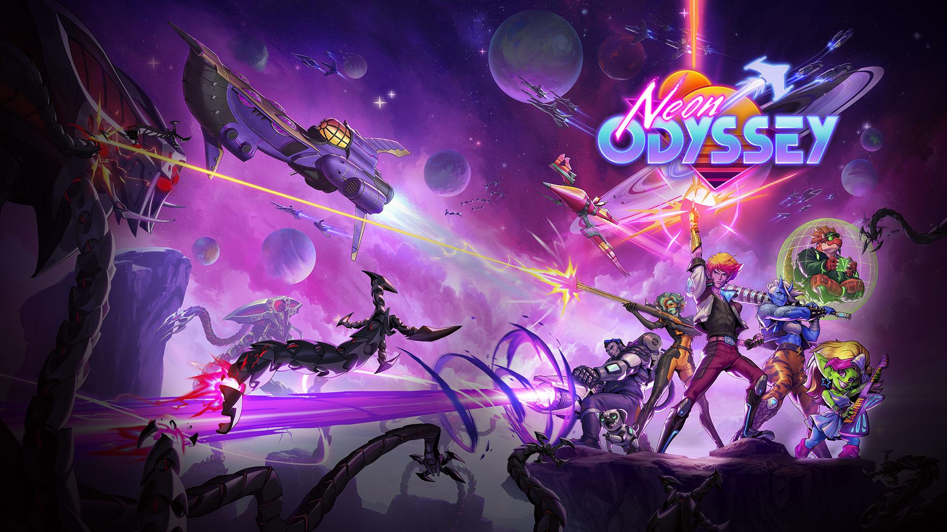 A group of heroes fight off baddies in space under a Neon Odyssey logo. A glowblin plays a keytar, a saurian is in a protective bubble, and other heroes shoot various sci-fi guns.