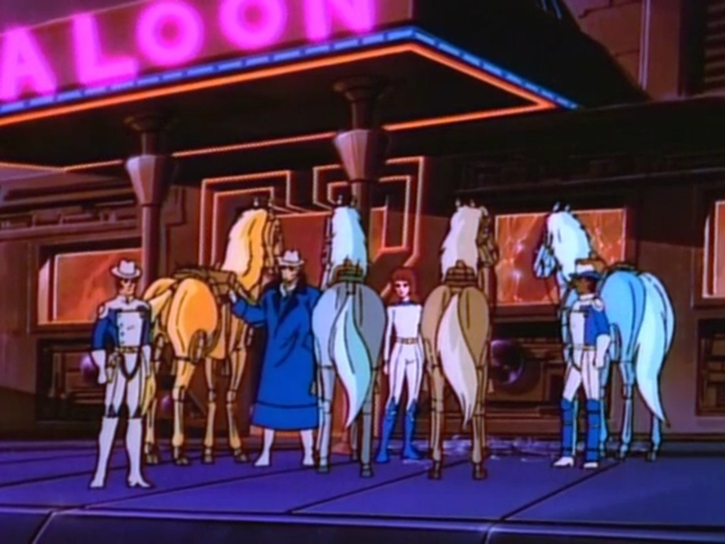 Four Galaxy Rangers stand beside robot horses in front of a saloon.