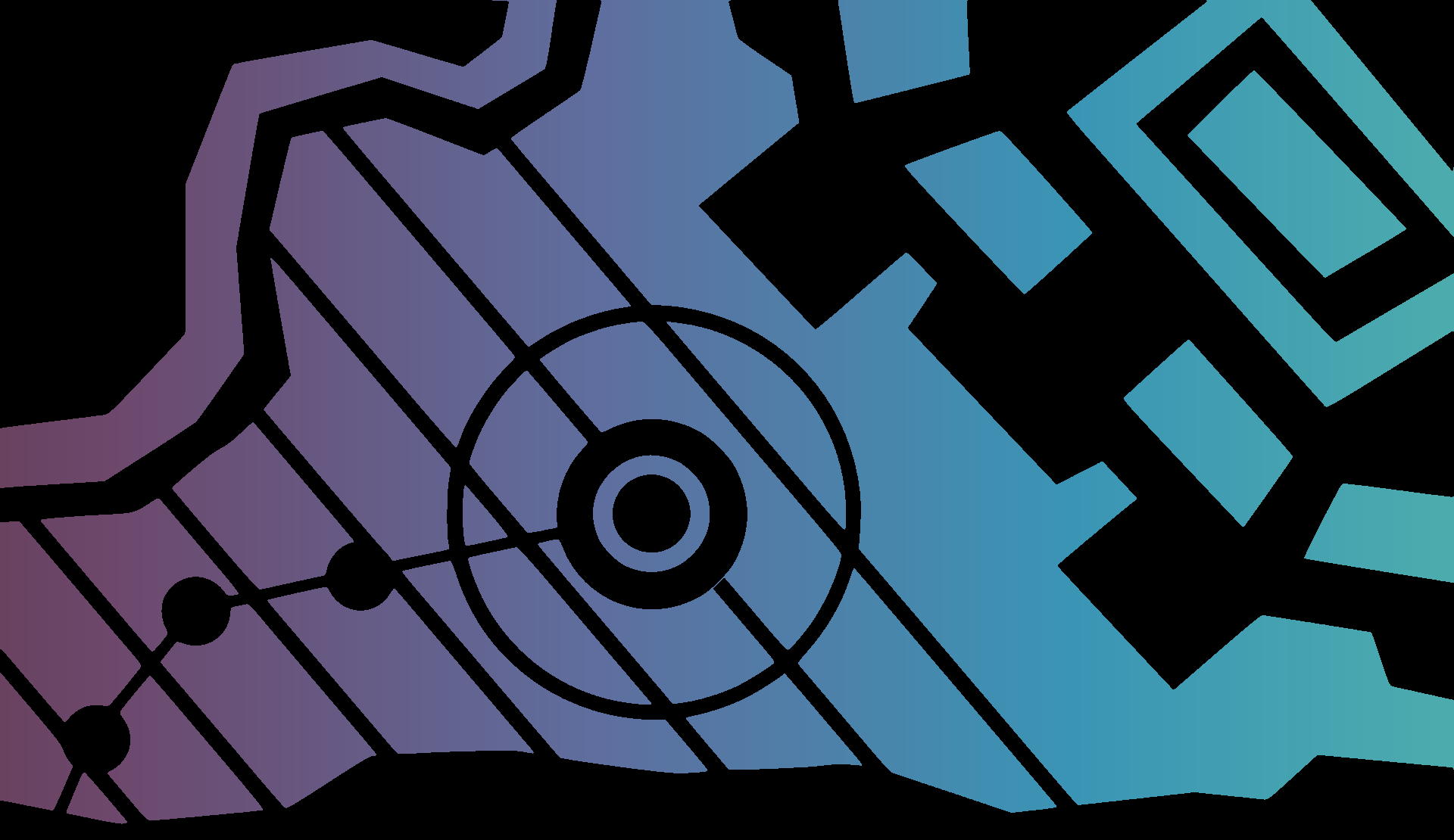 A purple to blue gradient is behind a simple map showing points and a circle.