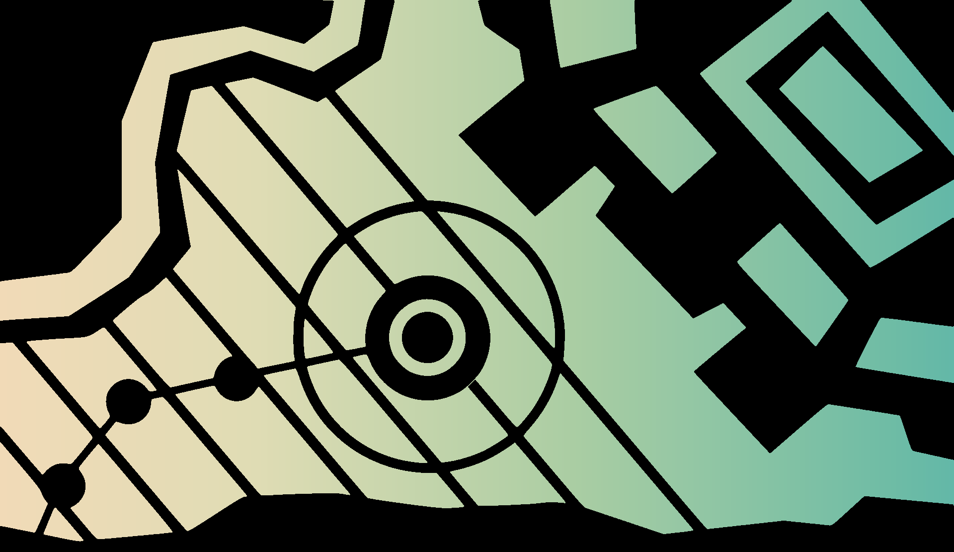 A yellow to green gradient is behind a simple map showing points and a circle.