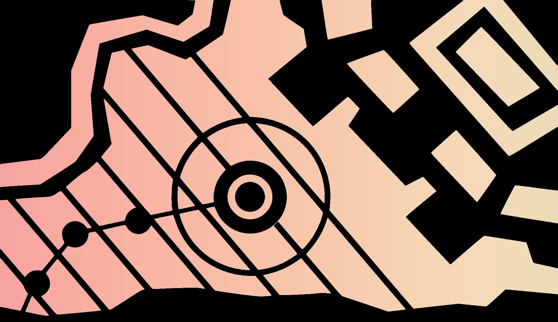 A pink to yellow gradient is behind a simple map showing points and a circle.
