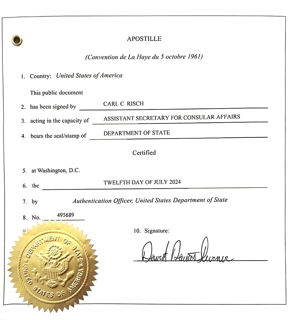 US Apostille in China Sample