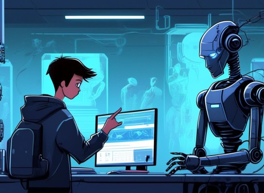 boy giving instructions to a robot
