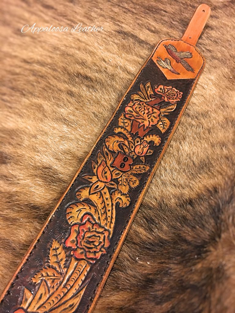 Pheasant and Floral Western Style leather Rifle Sling