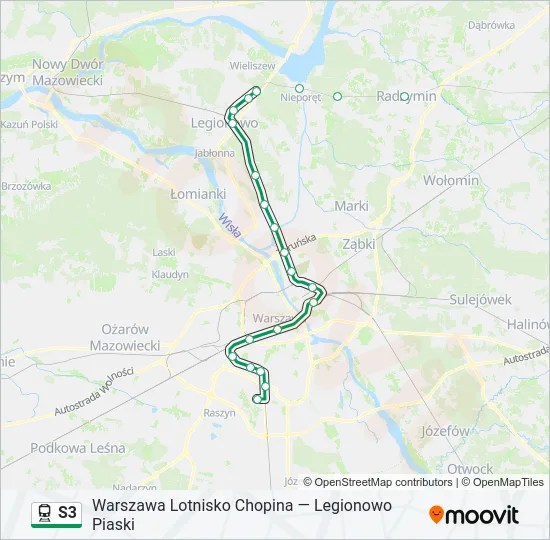 Map showing the S3 train line connecting Warsaw Chopin Airport to the city center, highlighting key stops along the route.