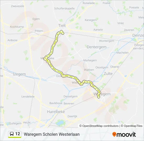 Map showing the route and stops of Bus Line 12 in Belgium, connecting areas including Waregem, Zulte, and Dentergem.