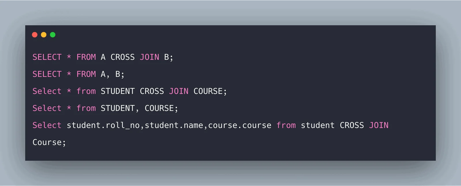 For the outer join we have . SQL CROSS JOIN Example | SQL Join Query Types