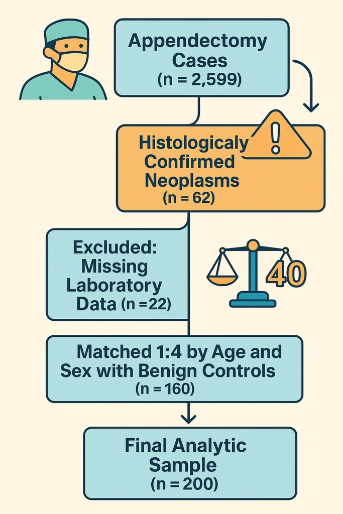 Flowchart illustrating the process of analyzing appendectomy cases, detailing confirmed neoplasms, exclusions, matching with controls, and the final analytic sample.
