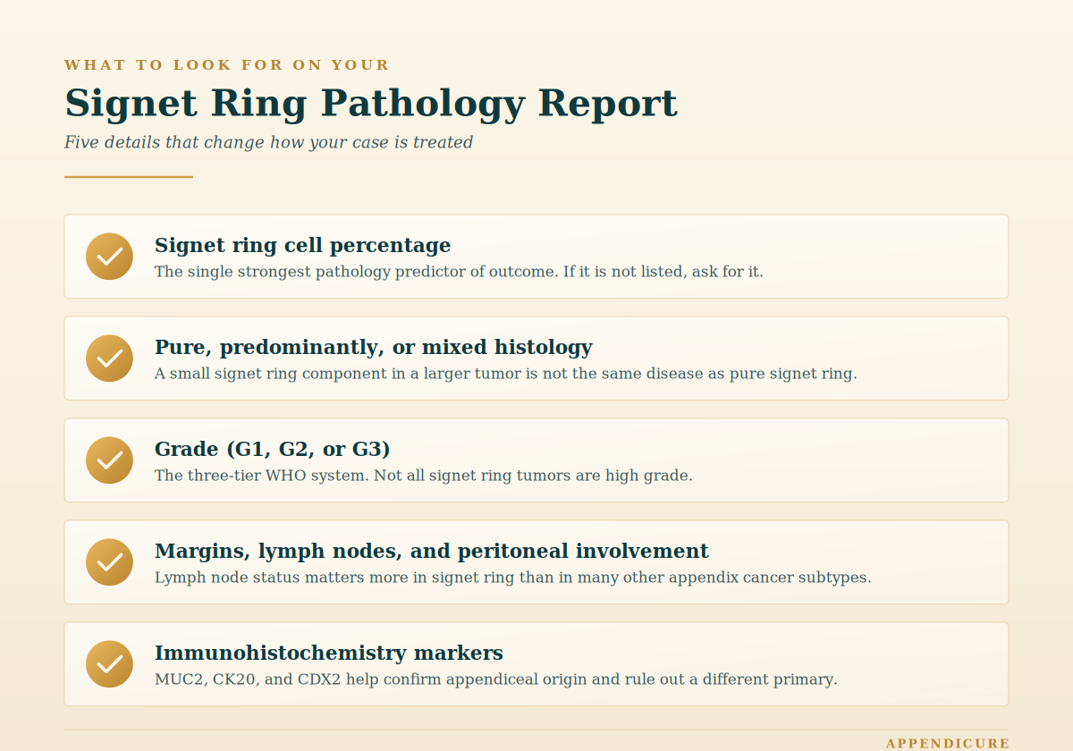 Signet ring appendix cancer pathology checklist showing five key details to look for on a pathology report