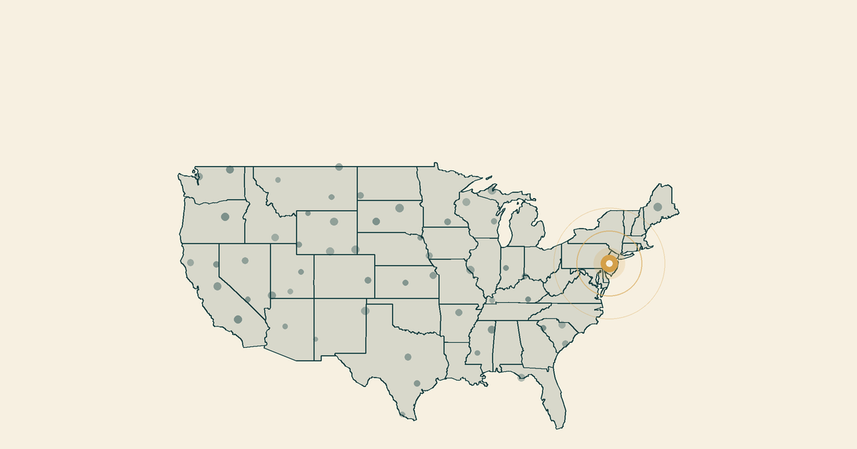 Map of the United States showing appendix cancer clinical trials concentrated at a single site