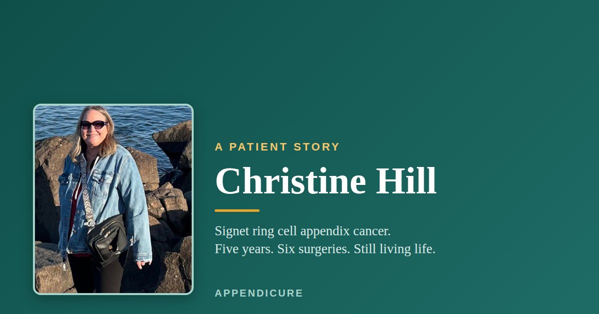 Christine Hill, a signet ring cell appendix cancer patient, sharing her story with Appendicure