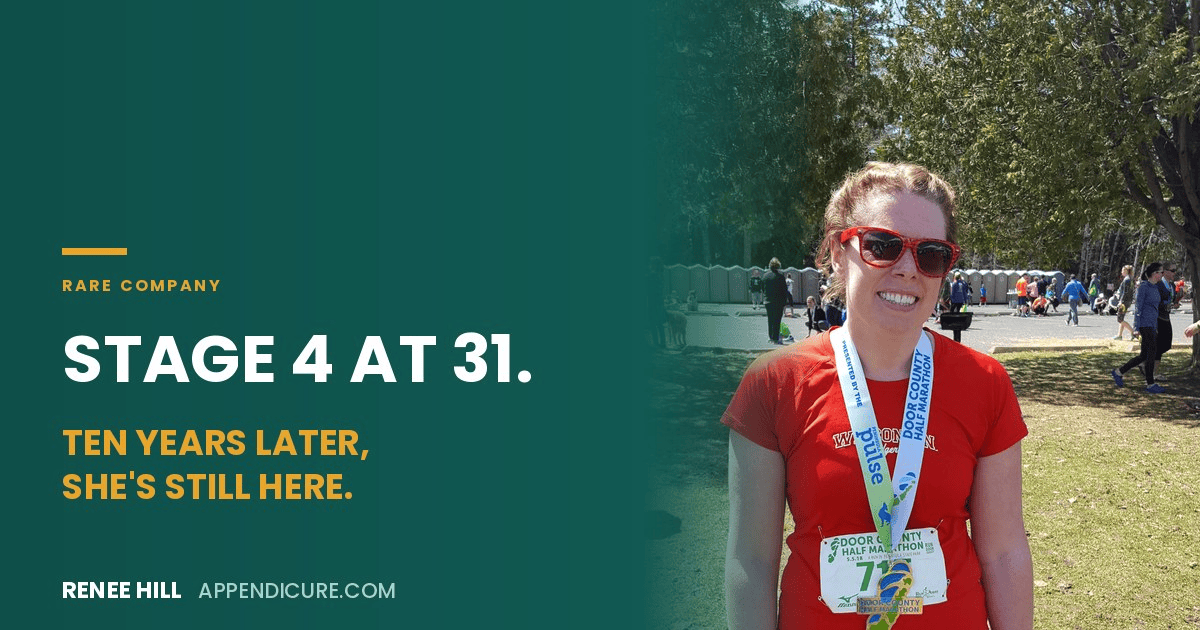 Appendix cancer survivor Renee Hill after the Door County Half Marathon, on a Rare Company card reading Stage 4 at 31, ten years later she's still here