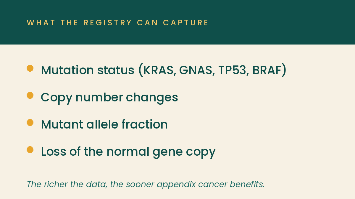 What the appendix cancer registry can capture: mutation status, copy number changes, mutant allele fraction, and loss of the normal gene copy
