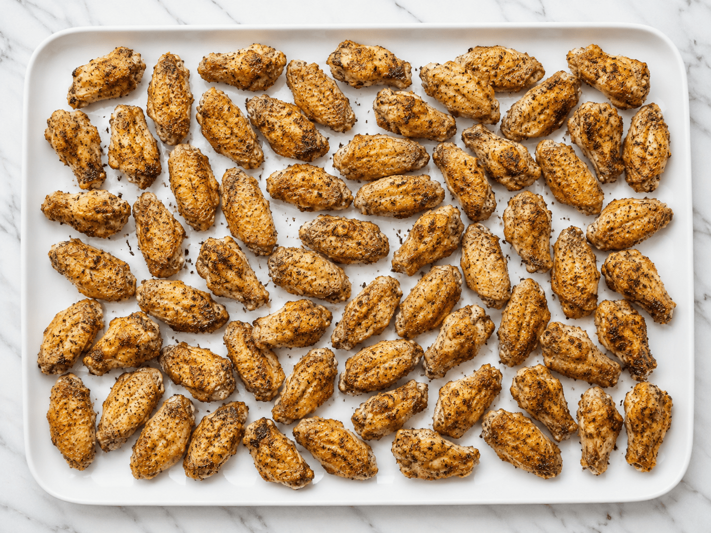 Crispy baked chicken wings arranged on a large white platter after baking for crispy Caesar wings.
