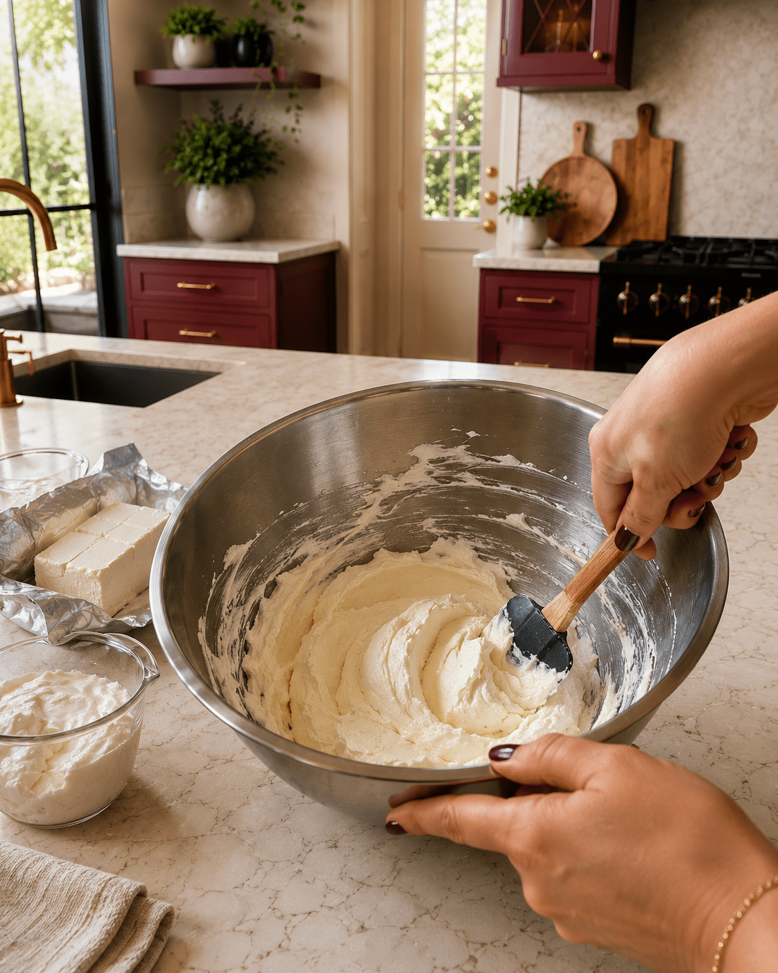 Cream cheese and sour cream being mixed in a large stainless-steel bowl for hot jalapeño corn dip.