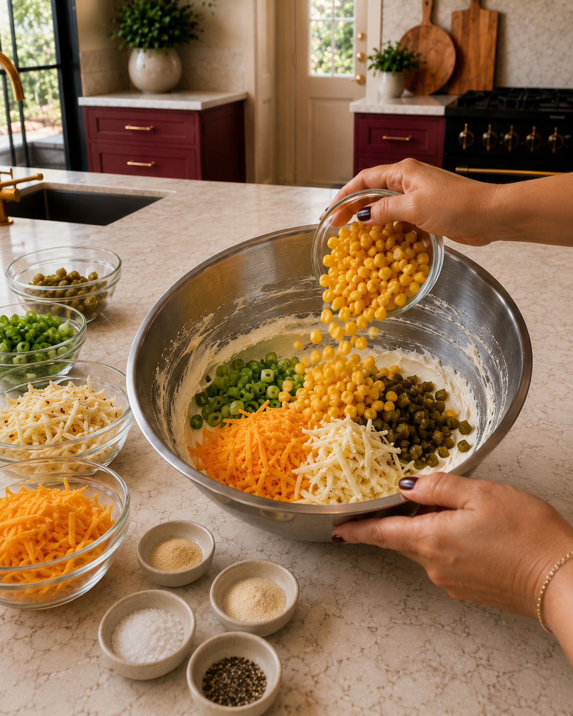Corn, shredded cheese, jalapeños, green onions, and seasonings being added to a creamy dip mixture in a large stainless-steel bowl.