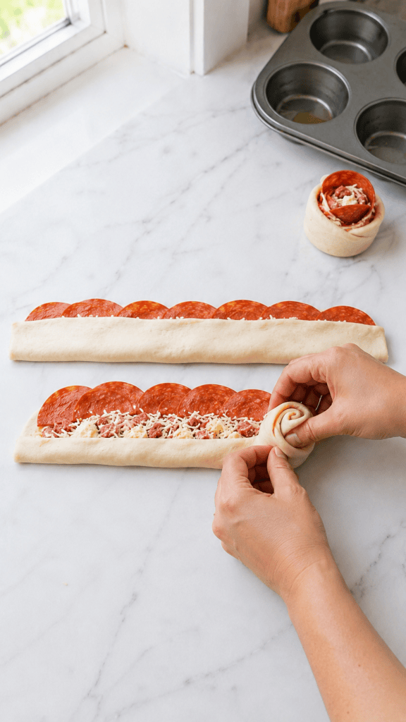 Hands loosely rolling a folded pizza-dough strip filled with deli pepperoni, mozzarella, provolone, Genoa salami, and pizza sauce into a pizza rose.