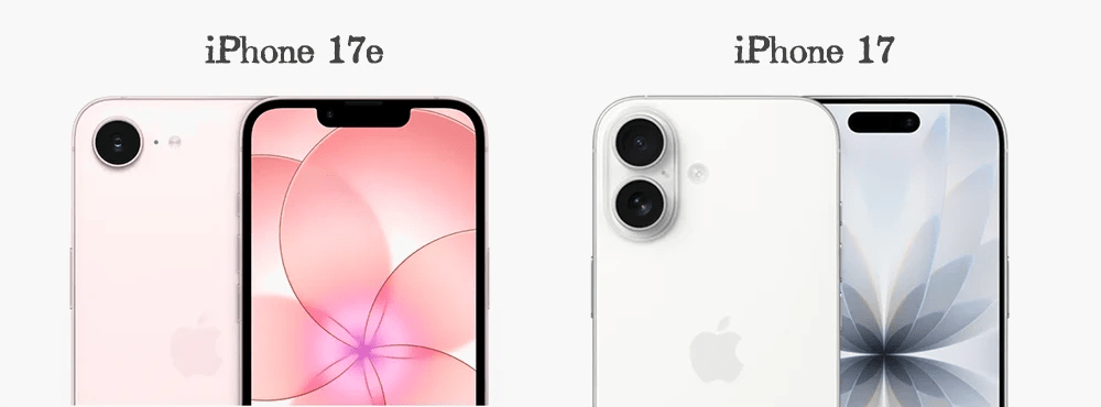 iPhone 17 與 17e 並列展示，呈現社群媒體與影音播放的流暢介面。