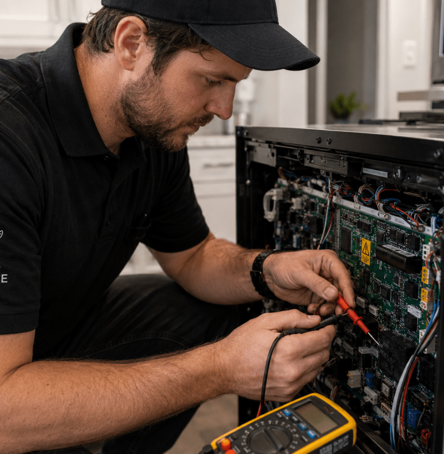 control board repair in Toronto, technician testing an appliance circuit board with a multimeter