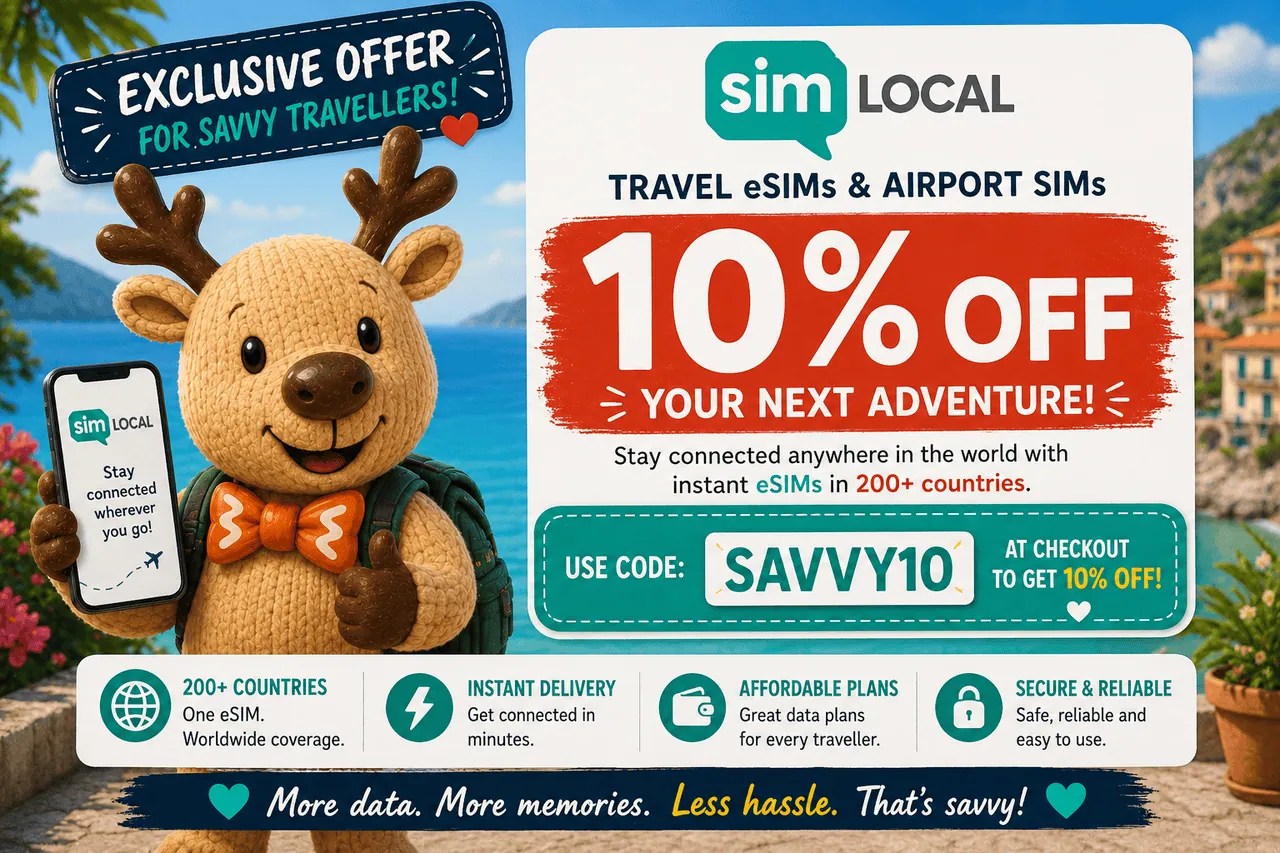 Rupert the reindeer promoting the Sim Local 10% discount code SAVVY10 for travel eSIMs and airport SIM cards worldwide.