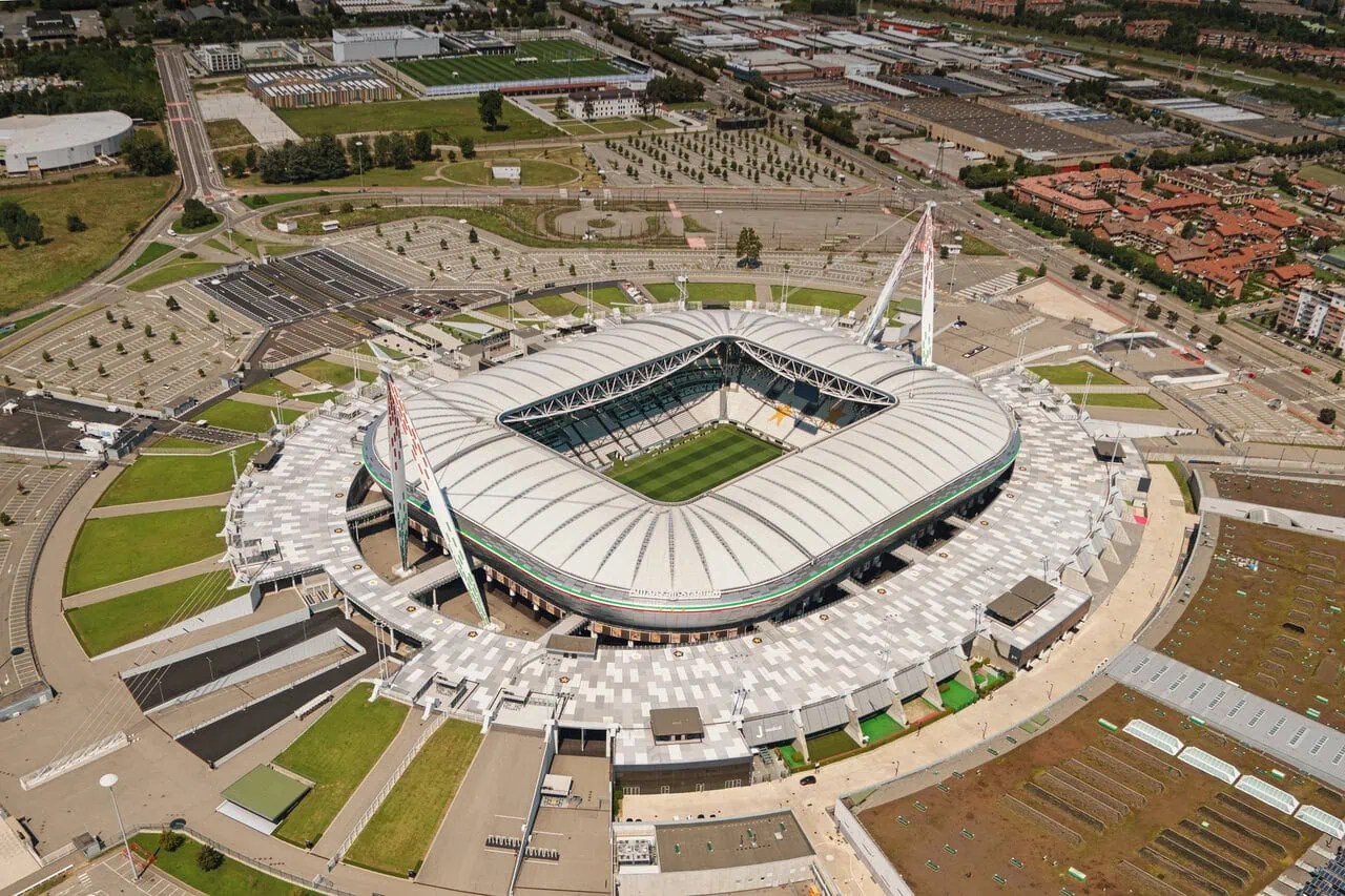 Aerial view of Allianz Stadium, home of Juventus FC, in Turin, Italy.