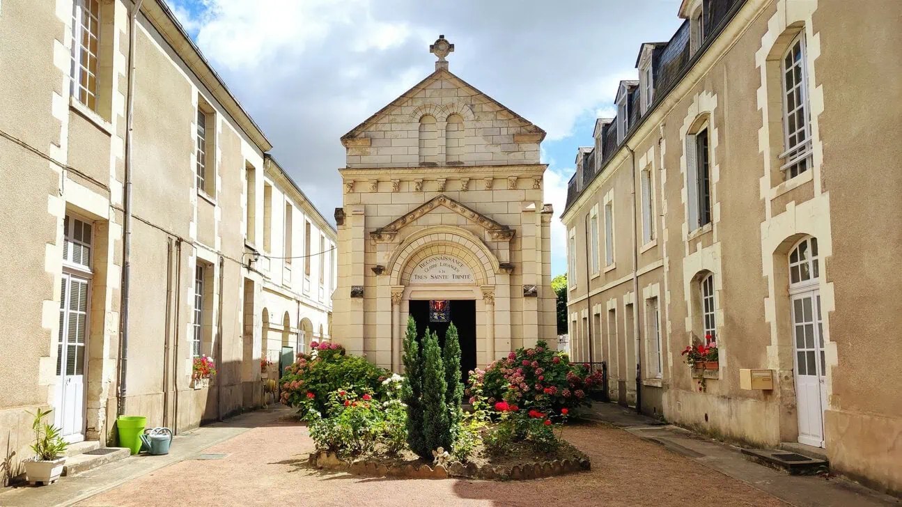 Historic church and traditional buildings in Bergerac old town, Dordogne, France