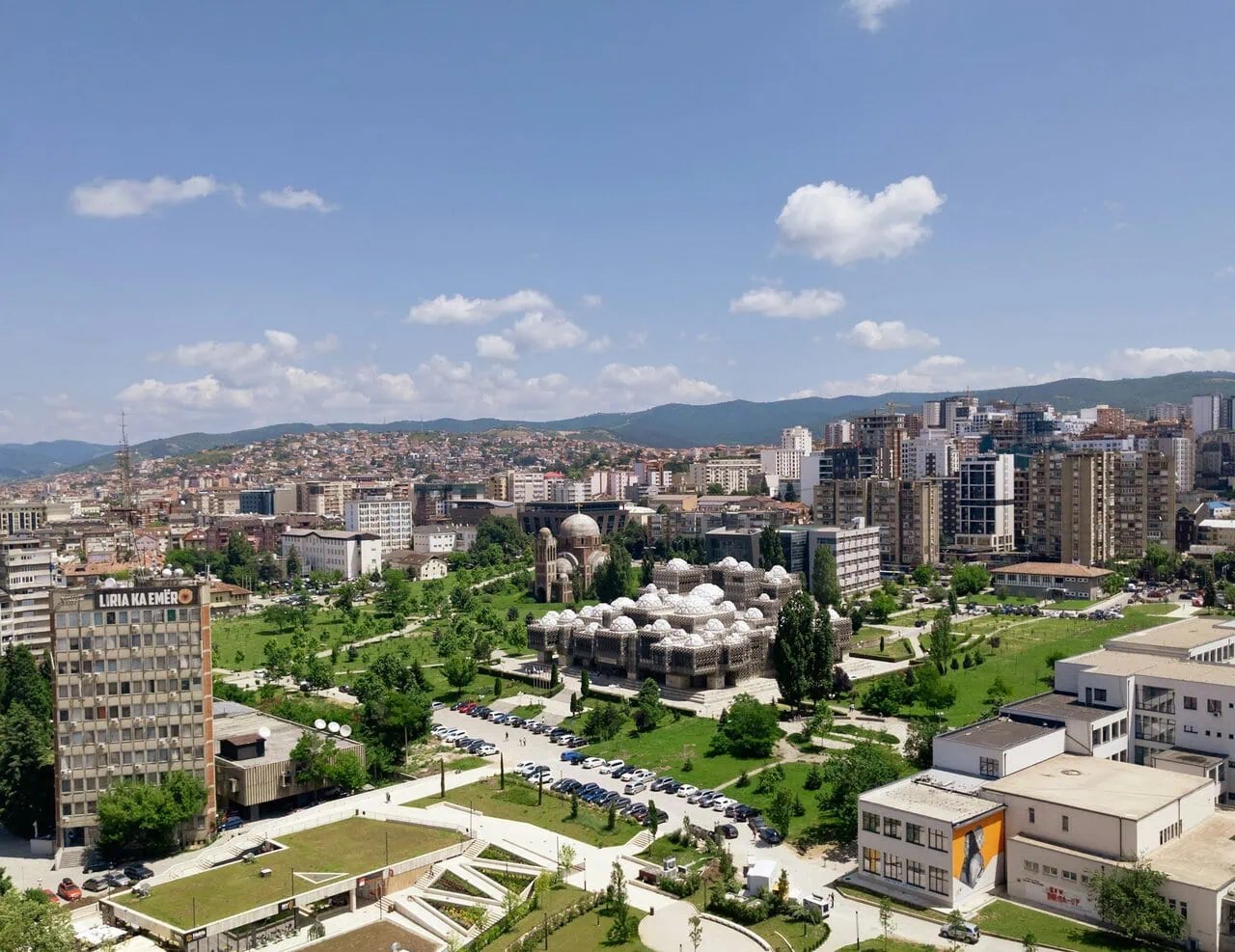 Panoramic view of Pristina city centre with the National Library of Kosovo