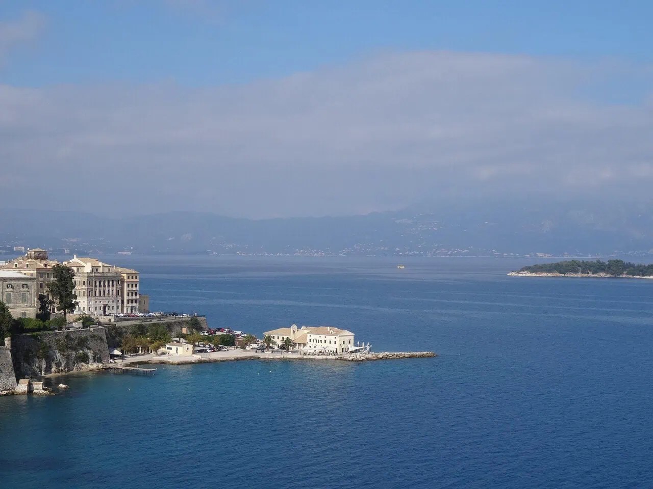 View across Corfu Old Town and the Ionian Sea from the Old Fortress in Corfu, Greece.