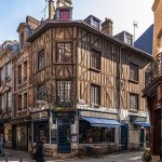 Traditional half-timbered buildings and cafés in the historic centre of Rouen, Normandy
