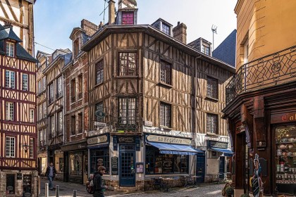 Traditional half-timbered buildings and cafés in the historic centre of Rouen, Normandy