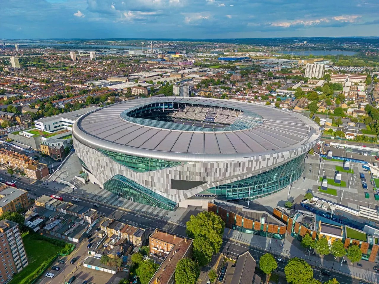 Aerial view of Tottenham Hotspur Stadium in London, a UEFA EURO 2028 venue