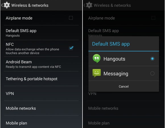 How to change default sms app in Android KitKat 4.4