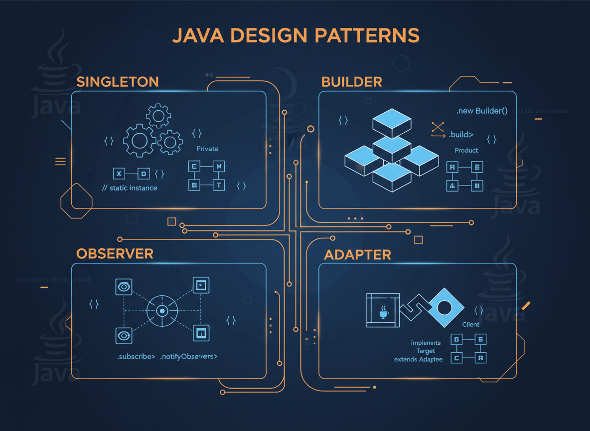 design pattern java: Singleton, Builder, Observer e Adapter illustrati con diagrammi UML