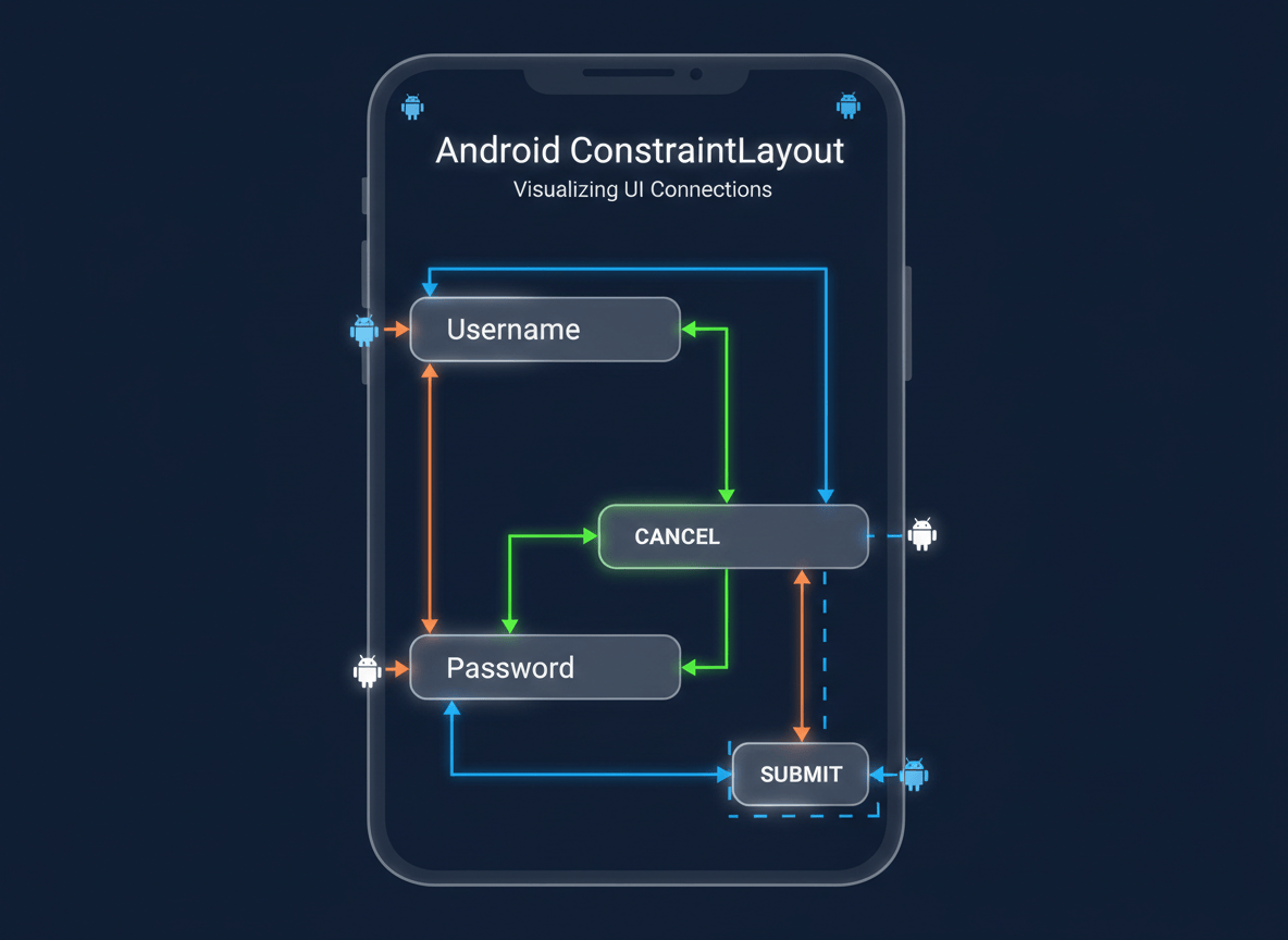 A clean, modern illustration showing Android ConstraintLayout with visual constraint lines connecting UI elements like buttons and text views on a smartphone screen. Dark background with colorful constraint indicators, arrows, and Android design elements. Technical but visually appealing, suitable for a tutorial blog.