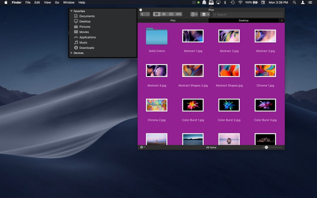 File Cabinet Pro Mac app screenshot showing background color set to purple in Icon view.