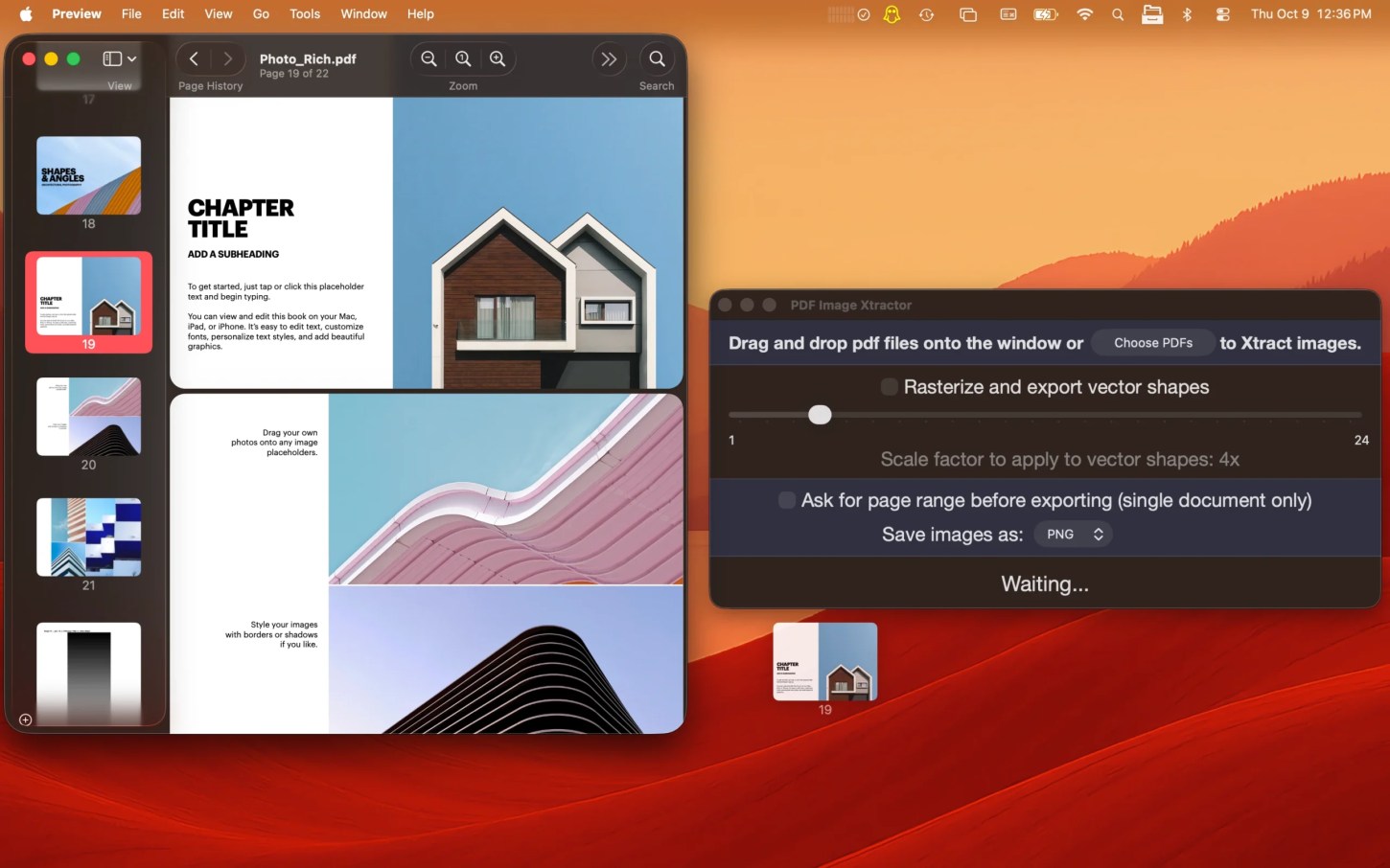 PDF page being dragged from Preview to PDF Image Xtractor macOS app.